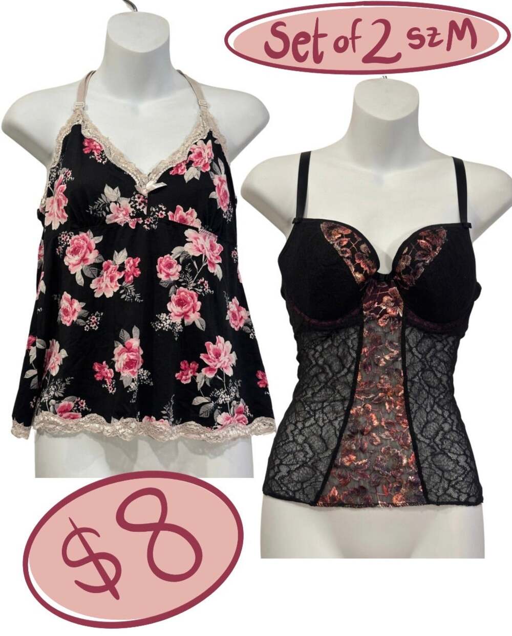 Lingerie Cami Bundle 2pc Size M Laura Ashley Floral Lace Bustier Corset Top